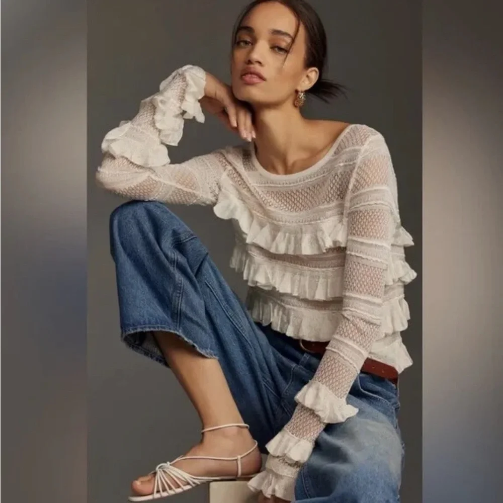 Anthropologie White Ruffled Sheer Knit Blouse | Romantic Statement Top | Size M